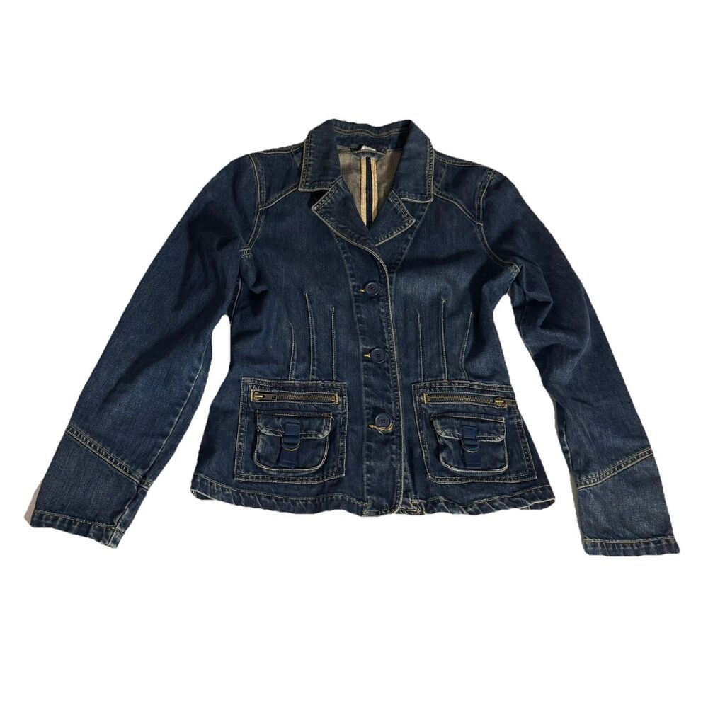 Vtg Y2K Old Navy Selvedge Denim Jacket Sz L Patch Pockets Blazer Fitted 2004